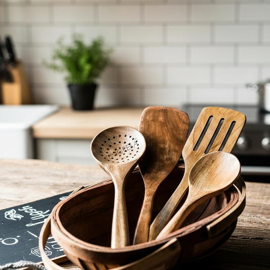 9PCS Teak Wooden Kitchen Utensil Set with Holder