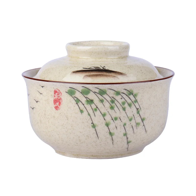 6.5-Inch Japanese Style Ceramic Ramen Bowl with Lid
