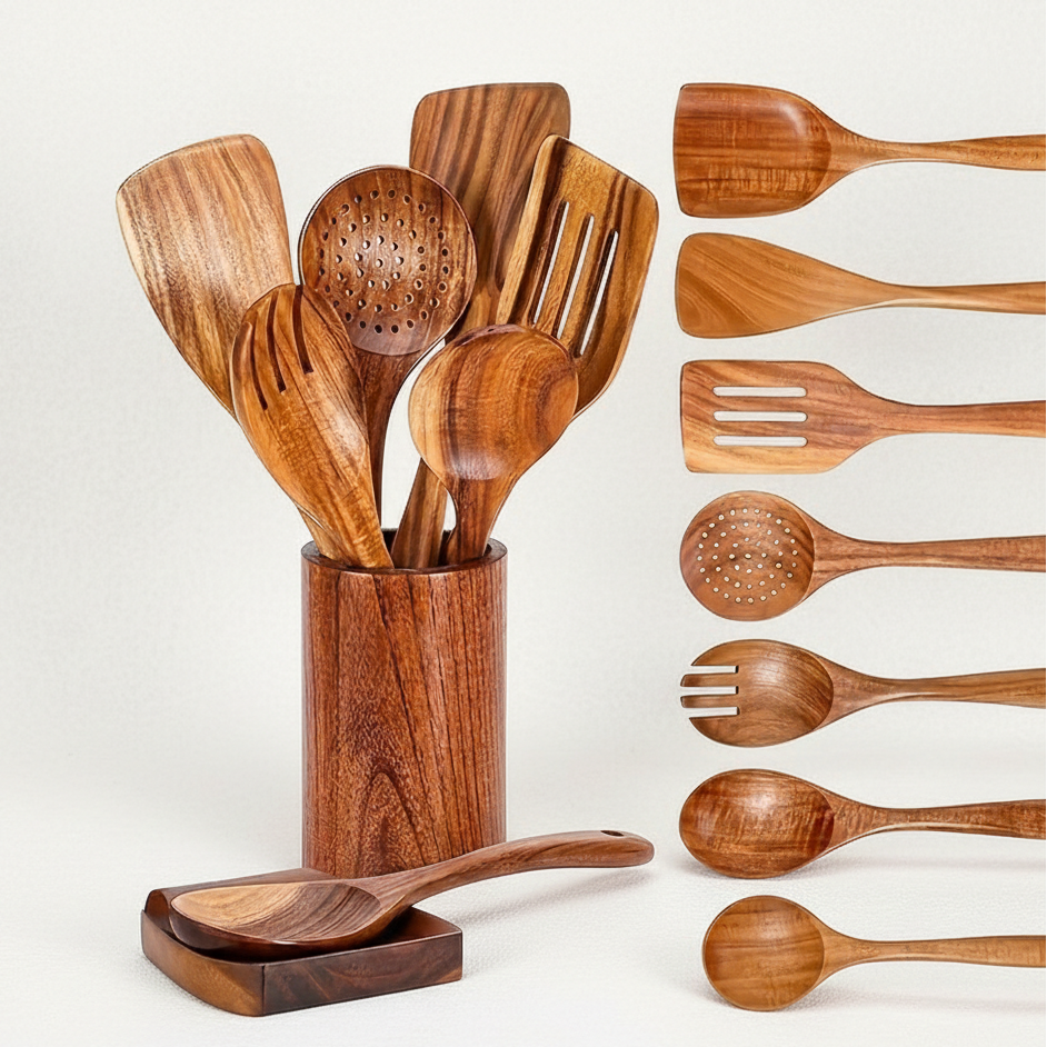 9PCS Teak Wooden Kitchen Utensil Set with Holder