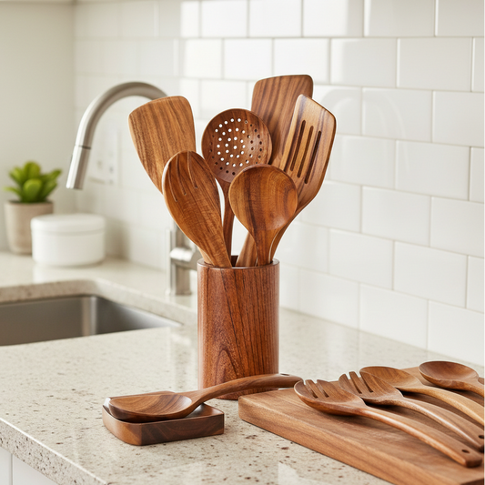 9PCS Teak Wooden Kitchen Utensil Set with Holder