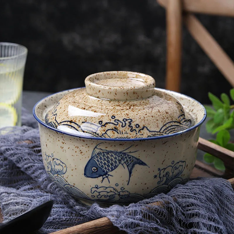 6.5-Inch Japanese Style Ceramic Ramen Bowl with Lid