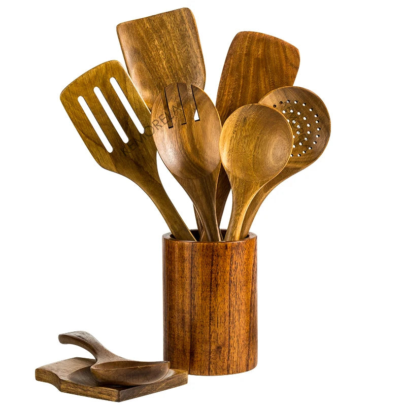 9PCS Teak Wooden Kitchen Utensil Set with Holder
