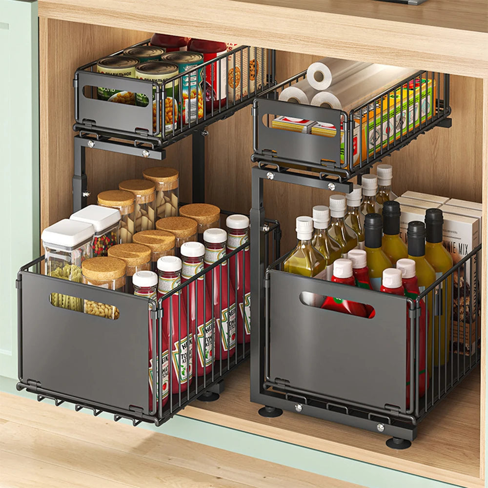 2 Tier Adjustable Pull Out Cabinet Organizer
