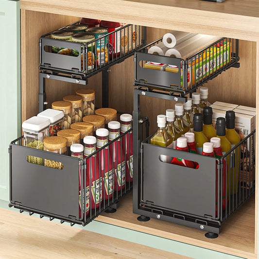 2 Tier Adjustable Pull Out Cabinet Organizer
