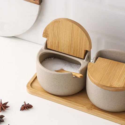 Japanese Ceramic Spice Jar with Bamboo Lid and Spoon