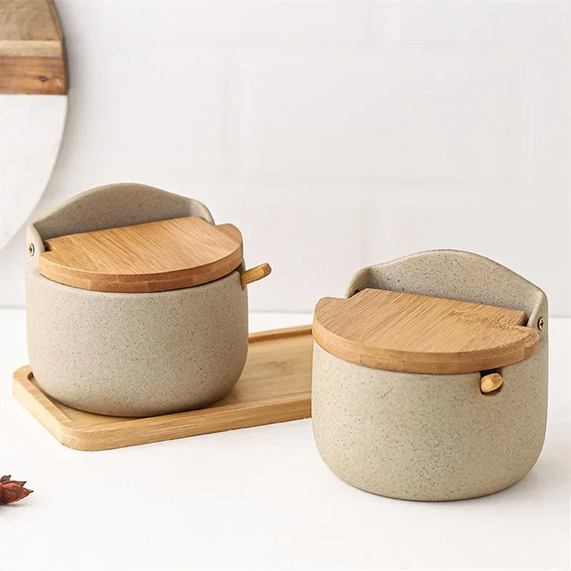 Japanese Ceramic Spice Jar with Bamboo Lid and Spoon