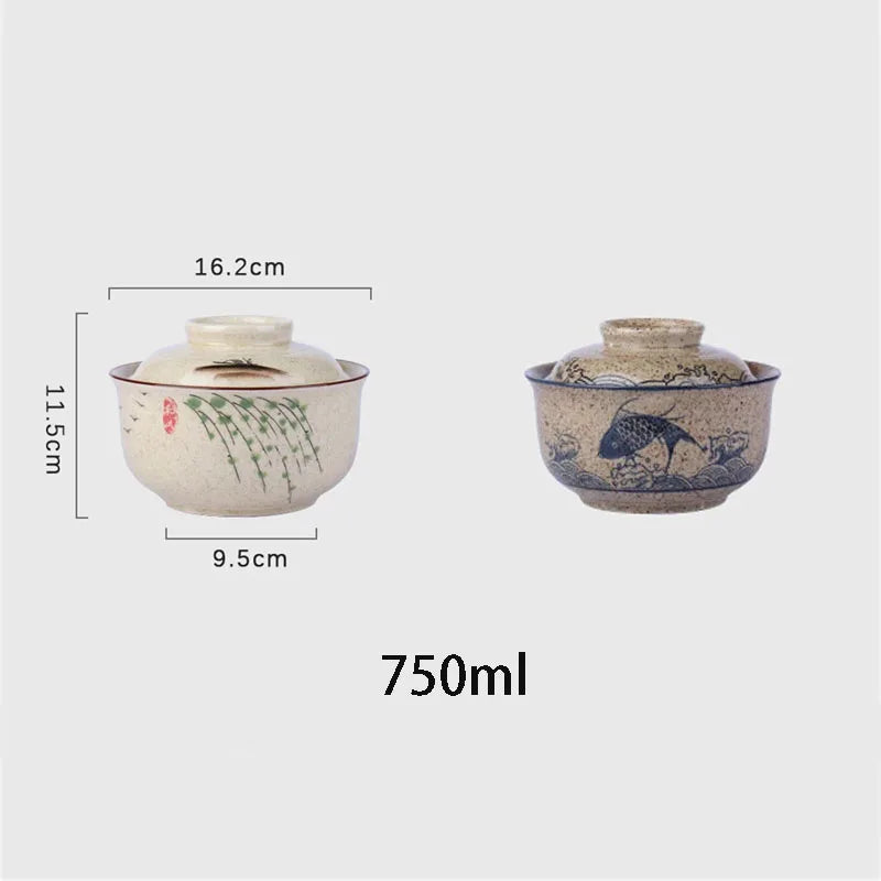 6.5-Inch Japanese Style Ceramic Ramen Bowl with Lid