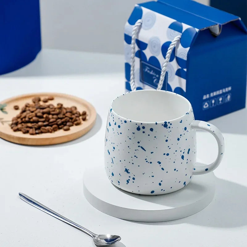 500ml Blue Splash Ink Ceramic Mug with Spoon